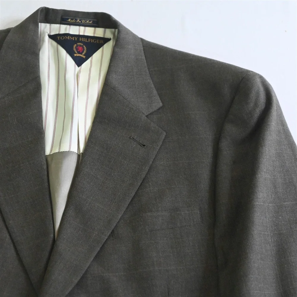Vtg Tommy Hilfiger USA Made 44L 36x30 Brown Windowpane 100% Wool Mens‎ Suit